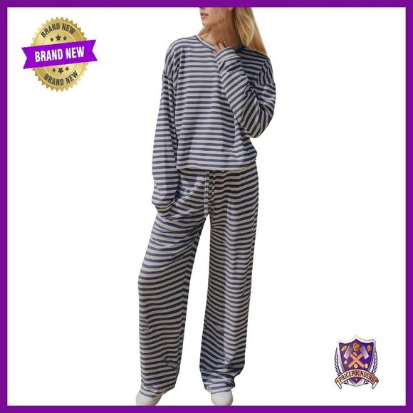 Other - Striped Cotton Lounge Set Long Sleeve Tee Wide Leg Pants Size M